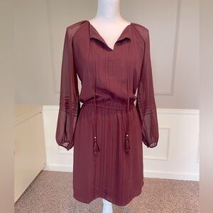 WHBM White House Black Market peasant chiffon tassel dress burgundy size XS
